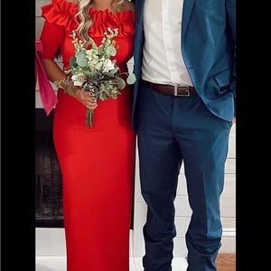 Ruffle Off shoulder Red evening gown dress 10